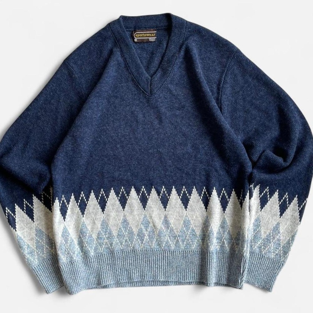 Navy Blue Vintage Argyle Acrylic Knit V-Neck Sweater Sears Sportswear M